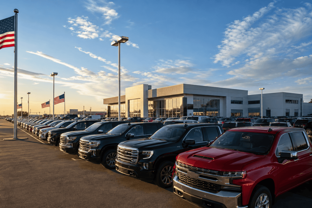 Multi-brand car dealership lot in a small Iowa town under golden afternoon light