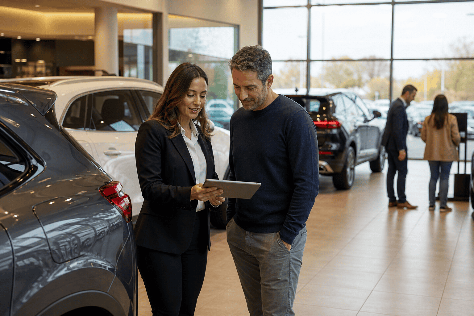 Modern car dealership showroom with salesperson and customer reviewing tablet