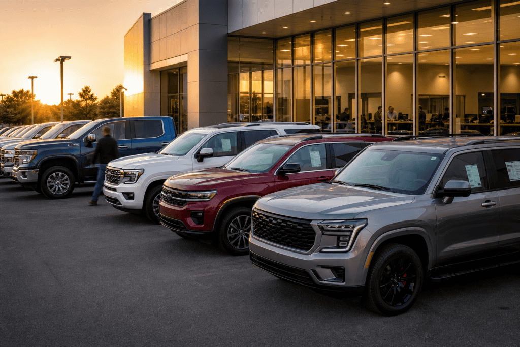 Dealership front row with trucks and SUVs at sunset, photo real