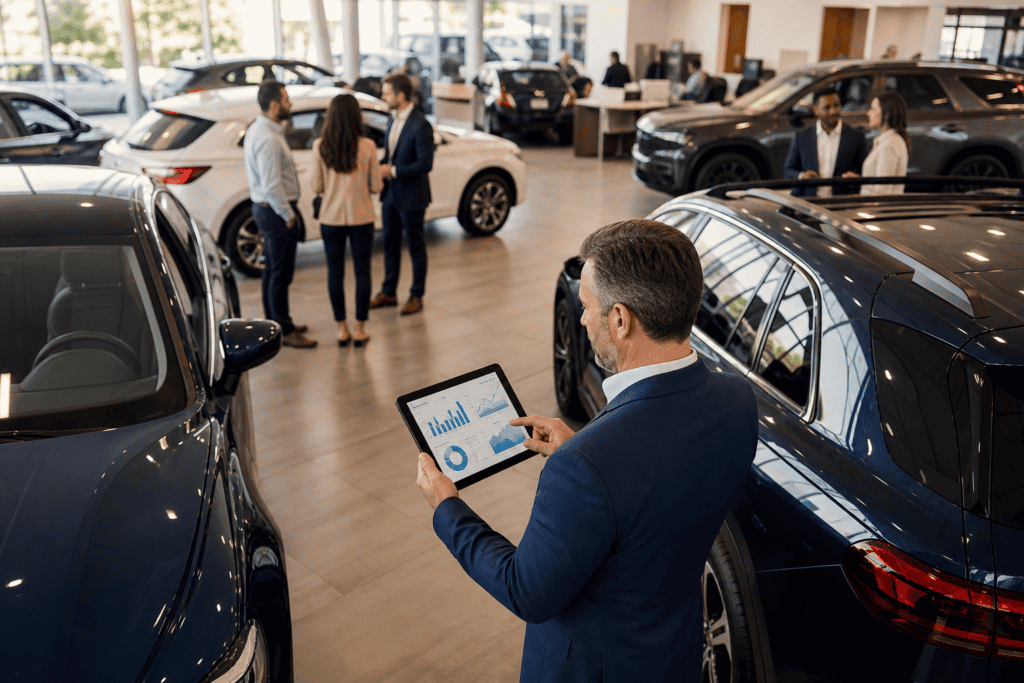 Sales manager reviewing dealership marketing analytics on a tablet inside a showroom