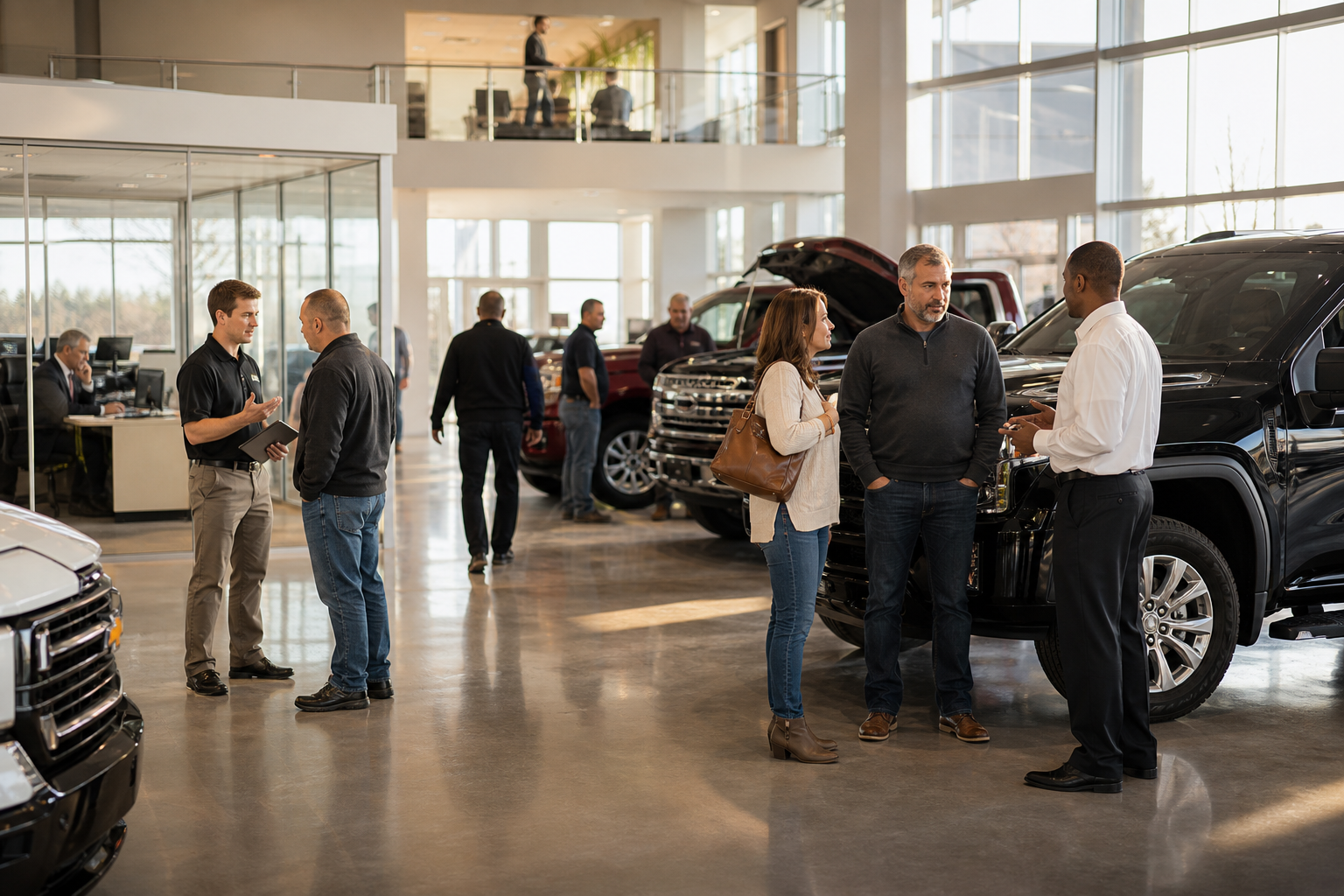 GM dealership showroom floor during a high-traffic sales event with customers