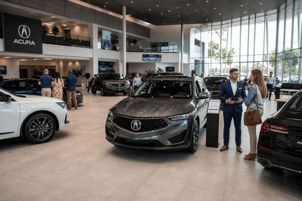Busy car dealership showroom with cars and customers