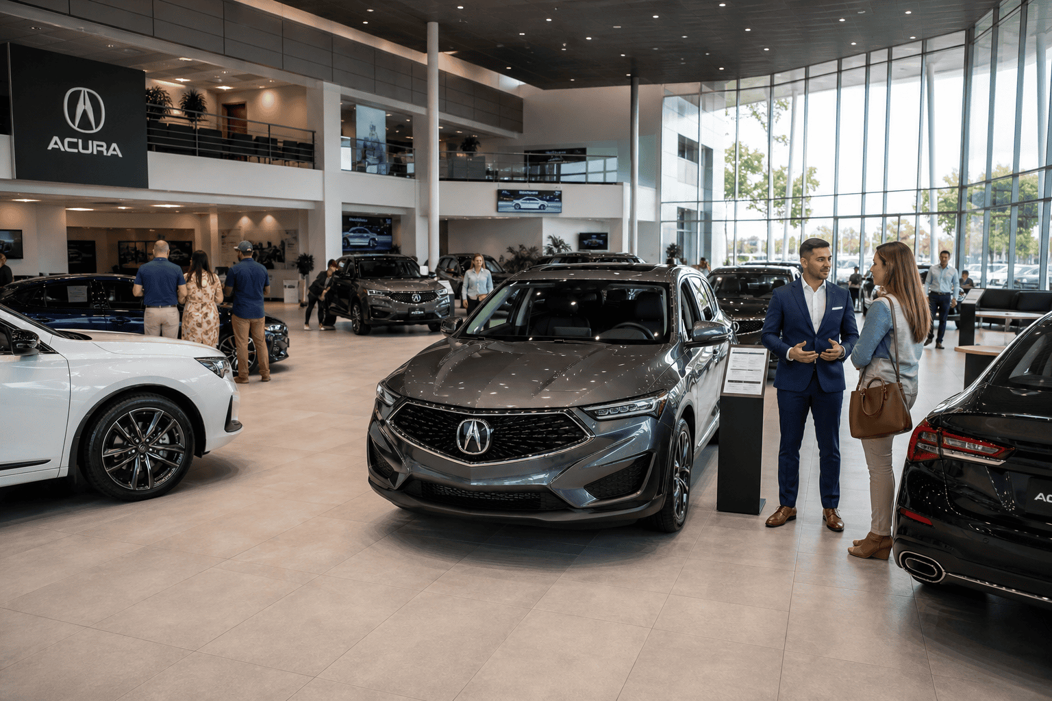 Busy car dealership showroom with cars and customers