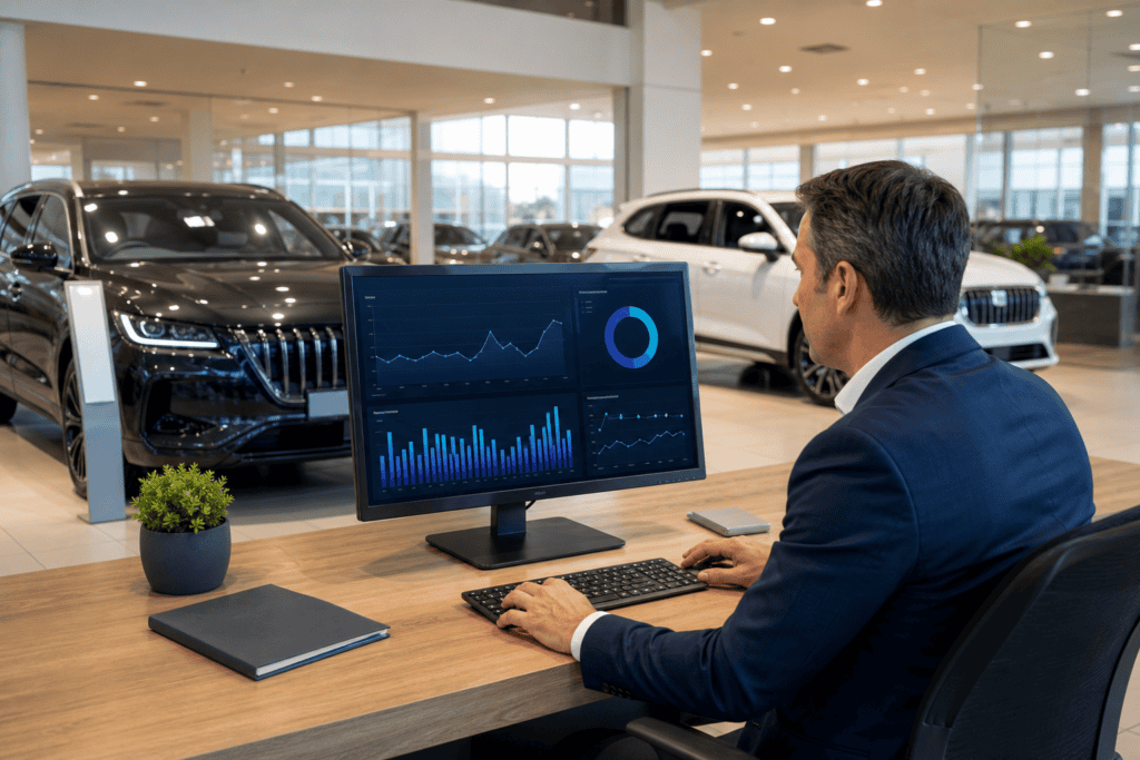 Dealership sales manager reviewing digital marketing ROI metrics on monitor in 2026