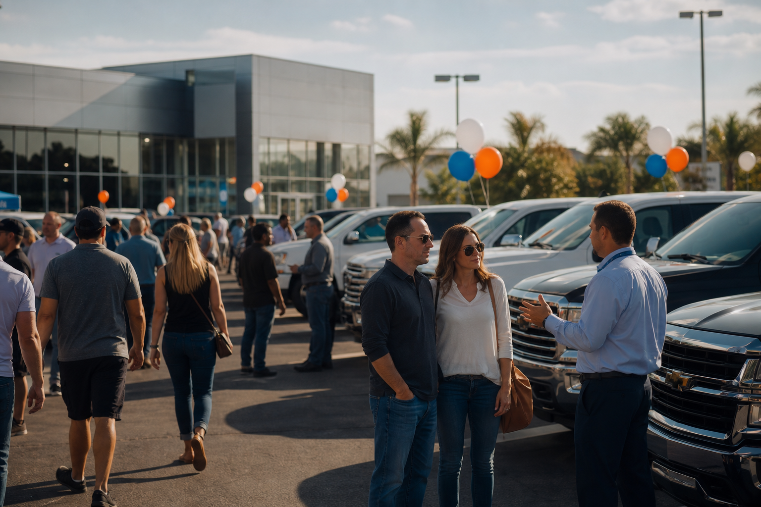 Busy dealership lot event with customers browsing new vehicles on a sunny weekend afternoon