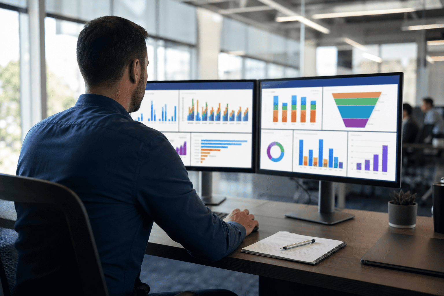 Dealership marketing manager reviewing campaign KPI dashboard on dual monitors in 2026