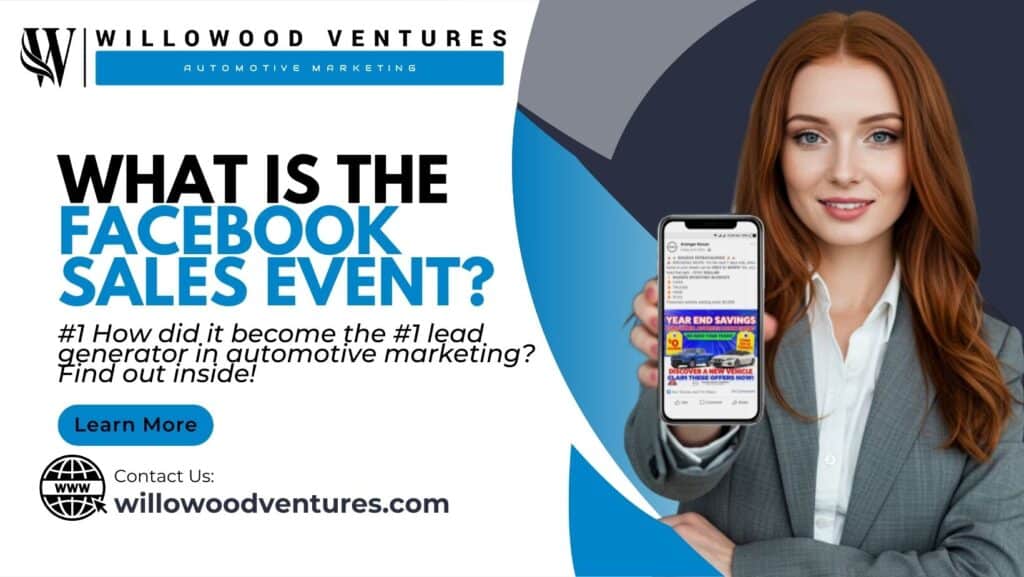 Facebook sales event flyer showcasing automotive marketing expertise and digital advertising solutions for car dealerships, promoting lead generation strategies.