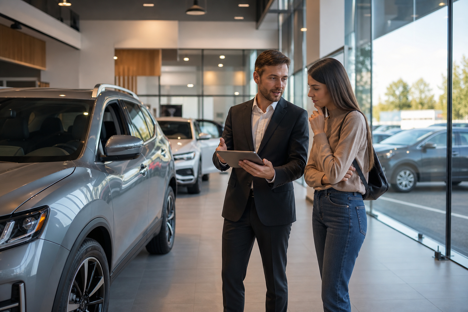 Sales associate with tablet helping customer in modern dealership showroom 2026