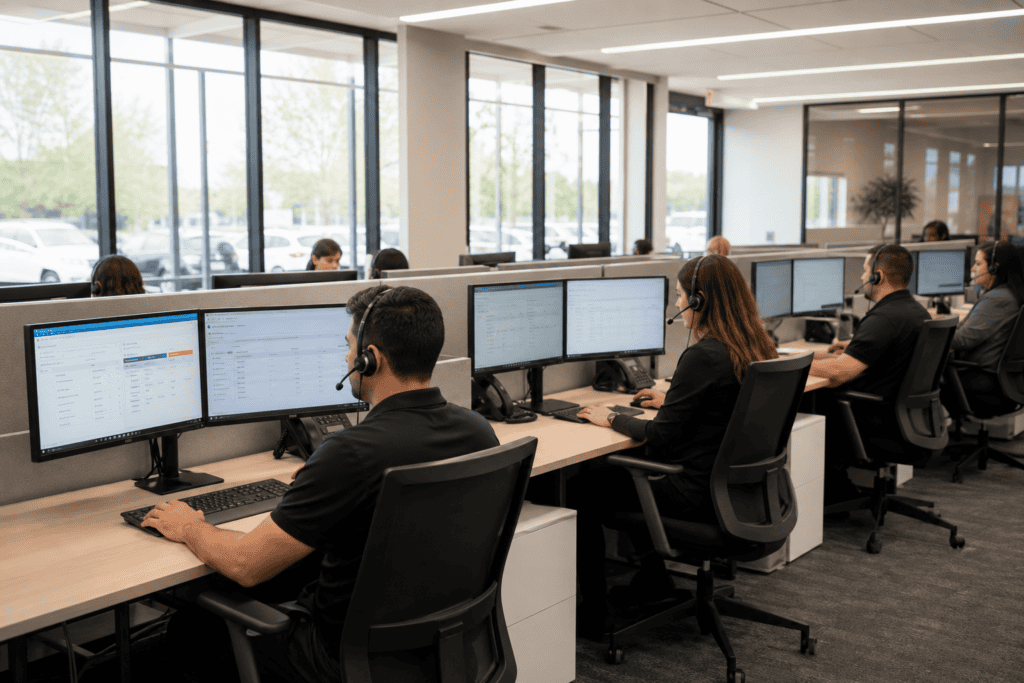 US-based outsourced BDC automotive agents working dealership leads at modern workstations