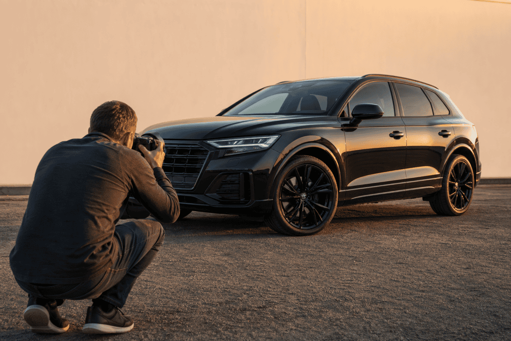 Professional photographer capturing a glossy SUV at a dealership during golden hour