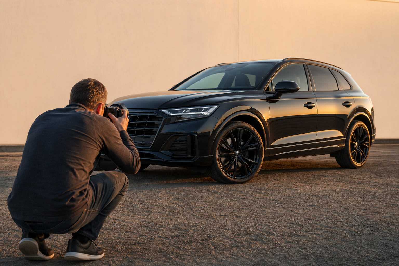 Professional photographer capturing a glossy SUV at a dealership during golden hour