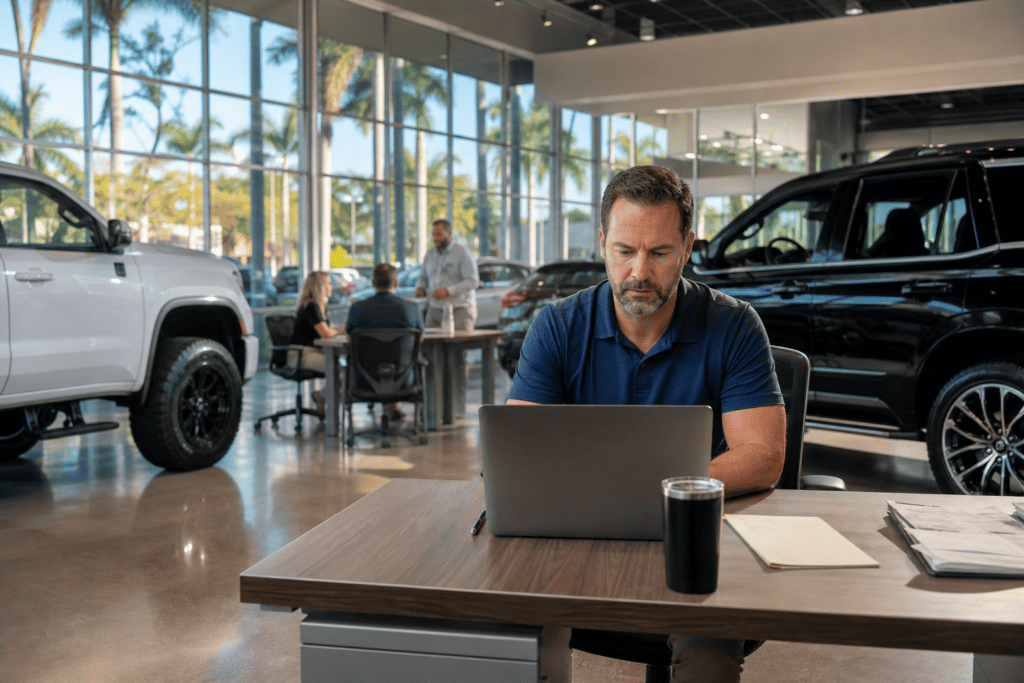 Tampa car dealership sales manager reviewing PPC campaign performance on laptop