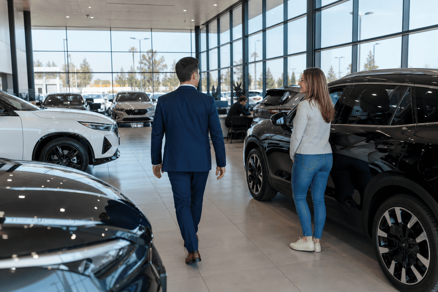 Car dealership showroom floor with salesperson and customer viewing 2026 inventory