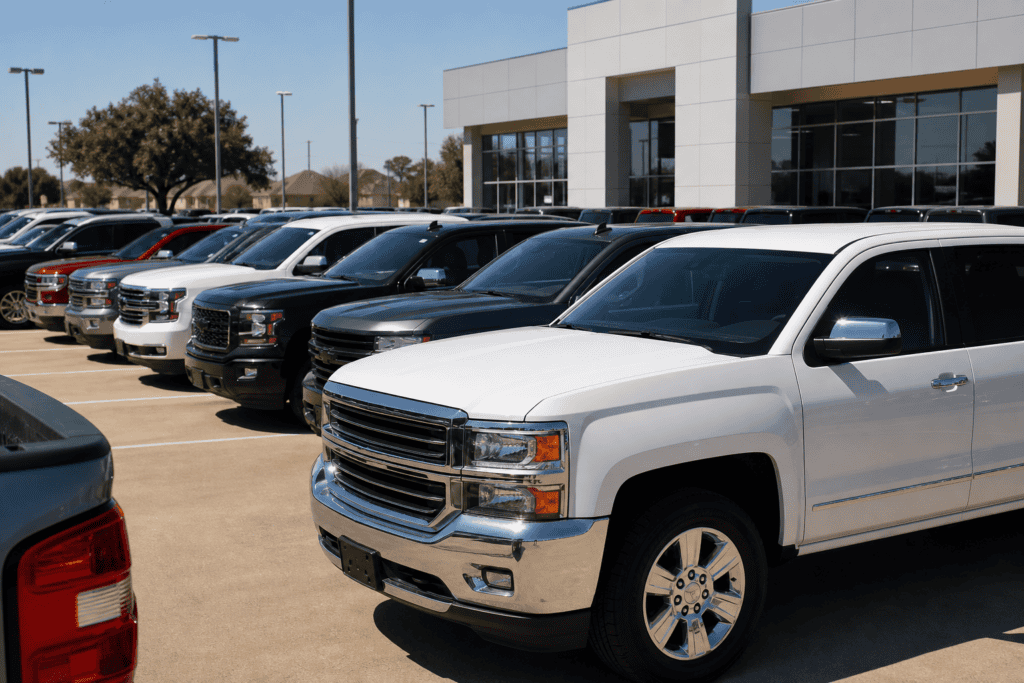 Suburban Texas CDJR dealership lot with trucks and SUVs lined up