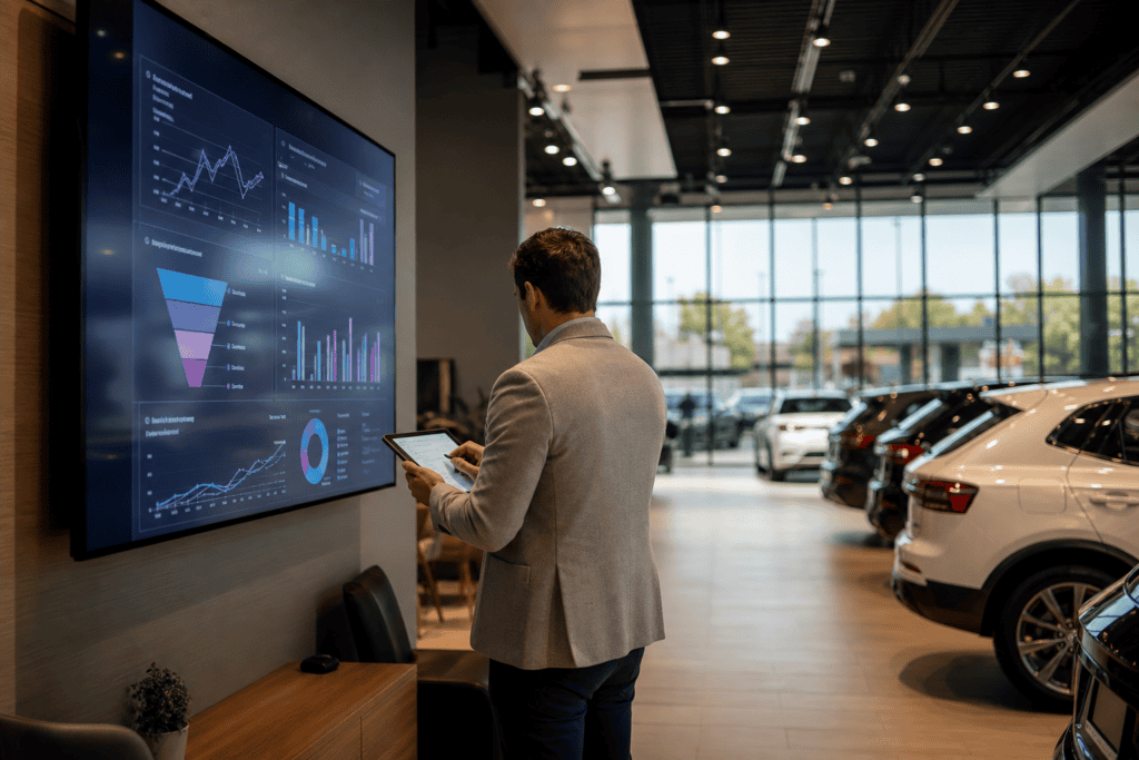 Dealership sales manager reviewing customer acquisition cost metrics on showroom screen