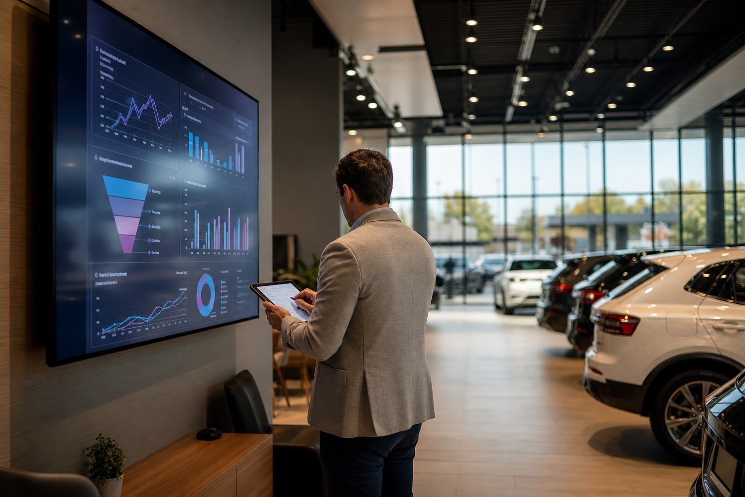 Dealership sales manager reviewing customer acquisition cost metrics on showroom screen