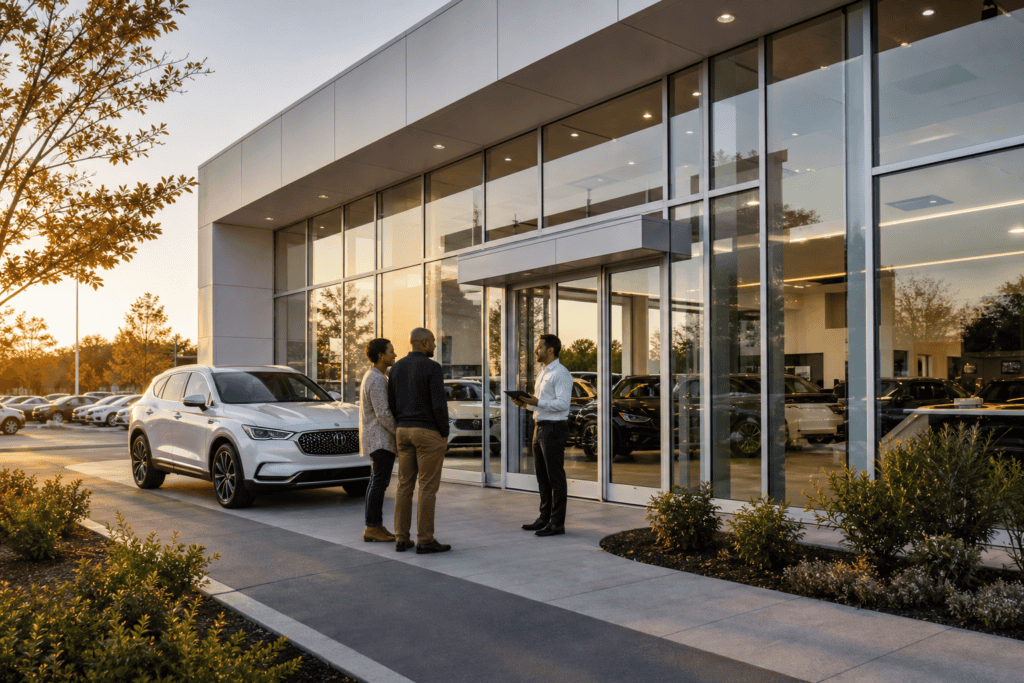 Car dealership exterior with satisfied customers talking to a salesperson in 2026