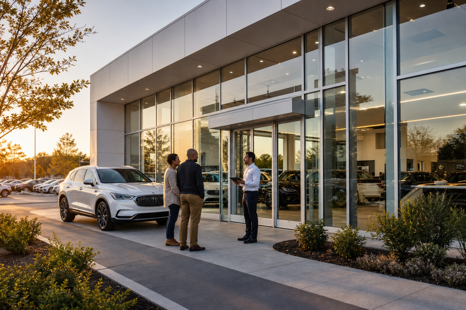 Car dealership exterior with satisfied customers talking to a salesperson in 2026