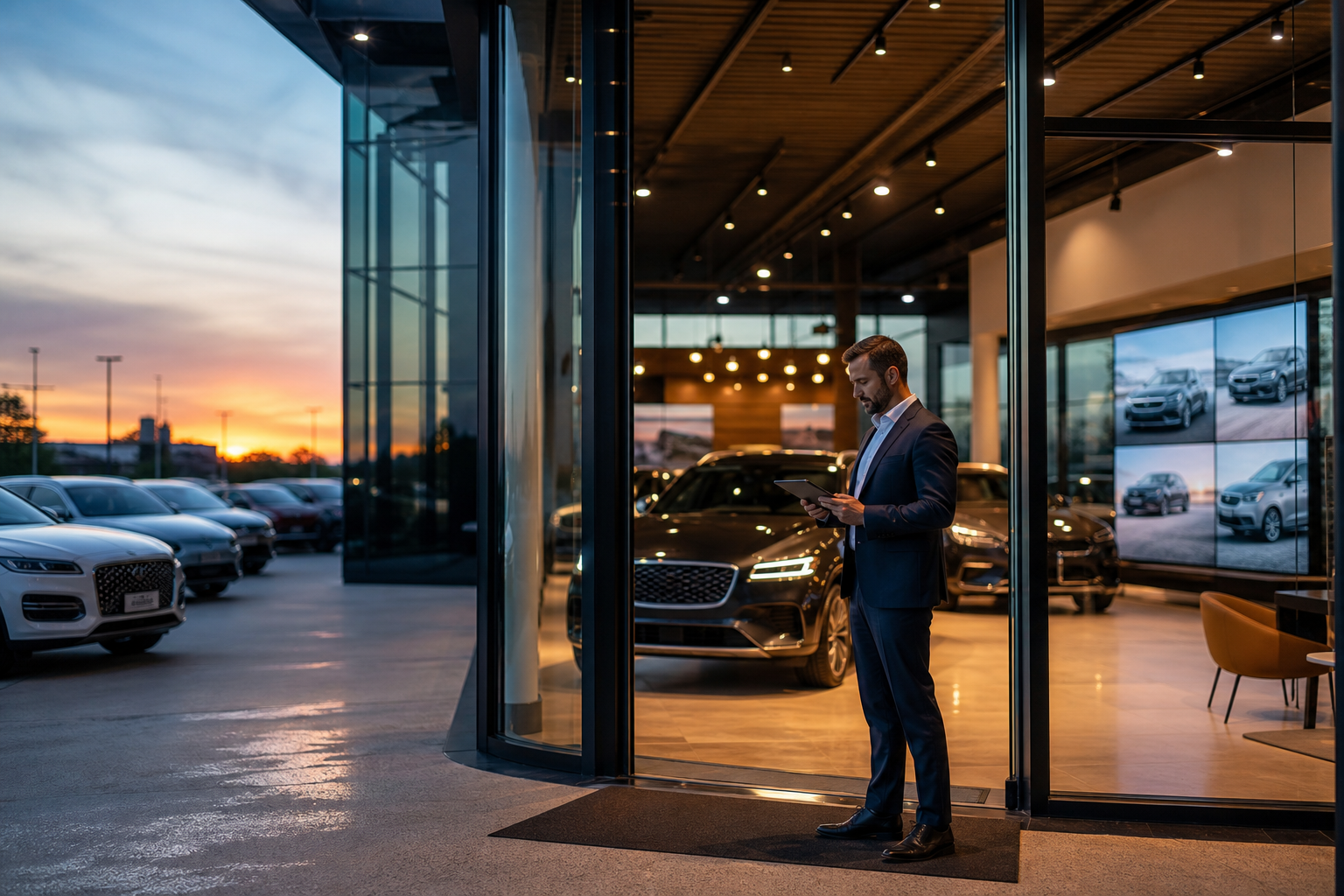 Car dealership showroom at dusk with digital advertising screens showing vehicle listings
