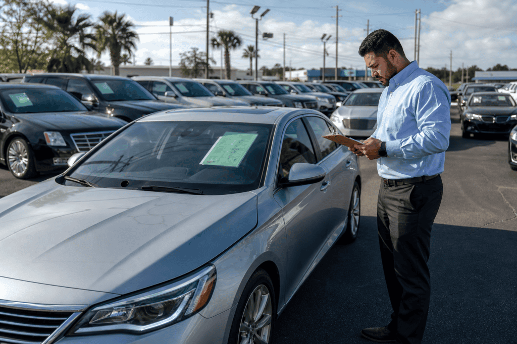 Used car dealership lot with rows of pre-owned vehicles on a sunny morning