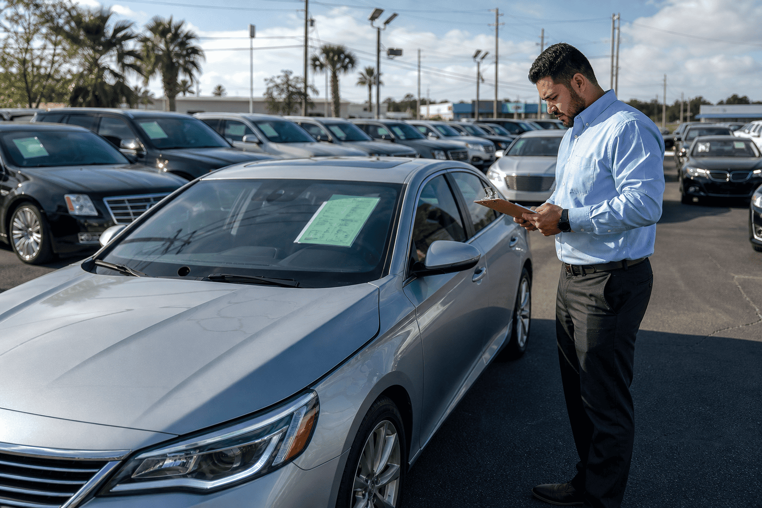 Used car dealership lot with rows of pre-owned vehicles on a sunny morning