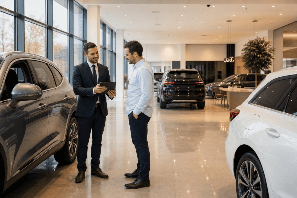 Car dealership showroom with salesperson and customer reviewing vehicle on tablet in 2026
