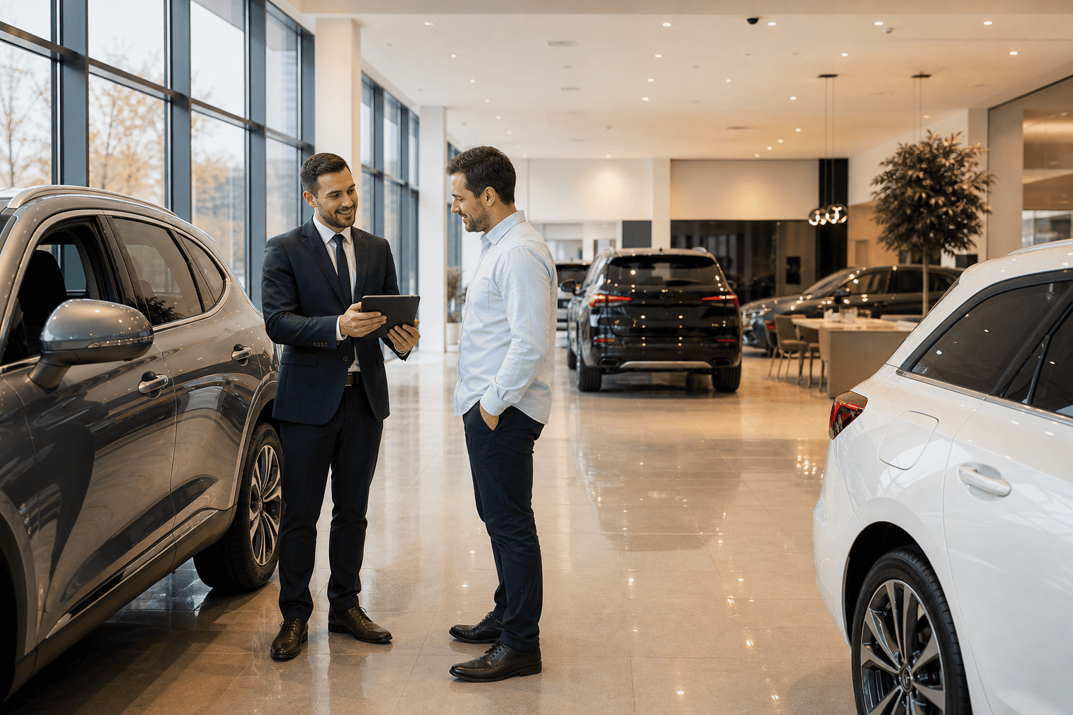 Car dealership showroom with salesperson and customer reviewing vehicle on tablet in 2026