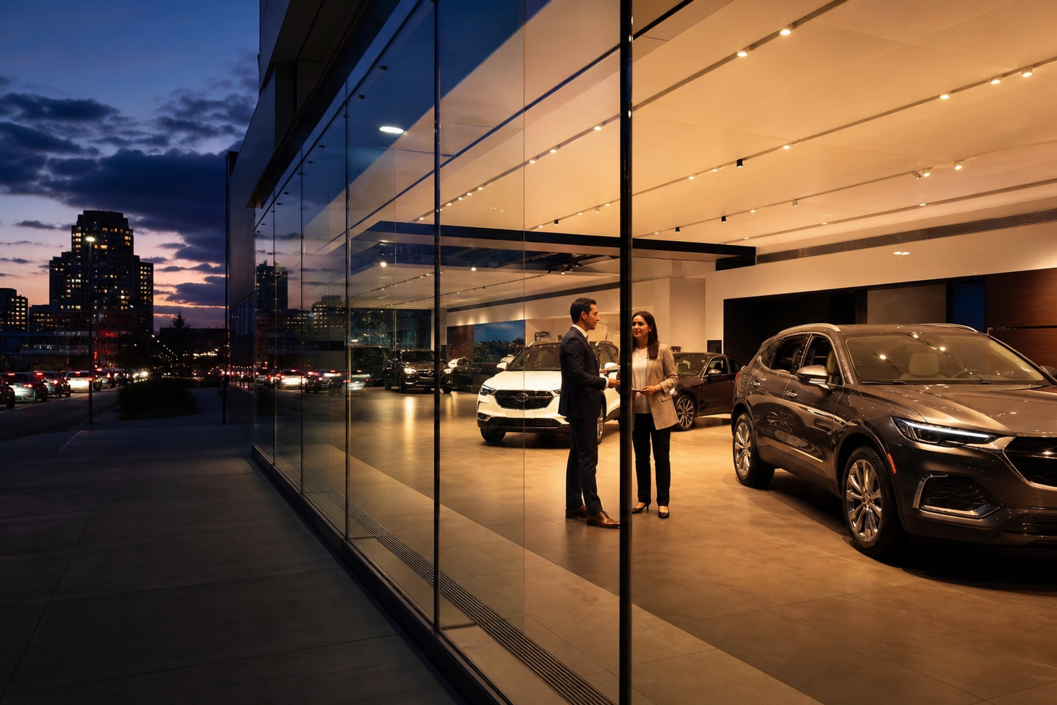 Modern car dealership showroom at dusk with customers and salesperson discussing a vehicle