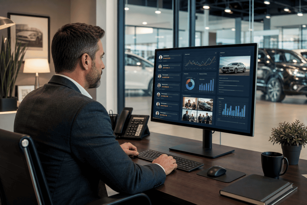Dealership manager reviewing social media reputation metrics on desktop monitor in 2026