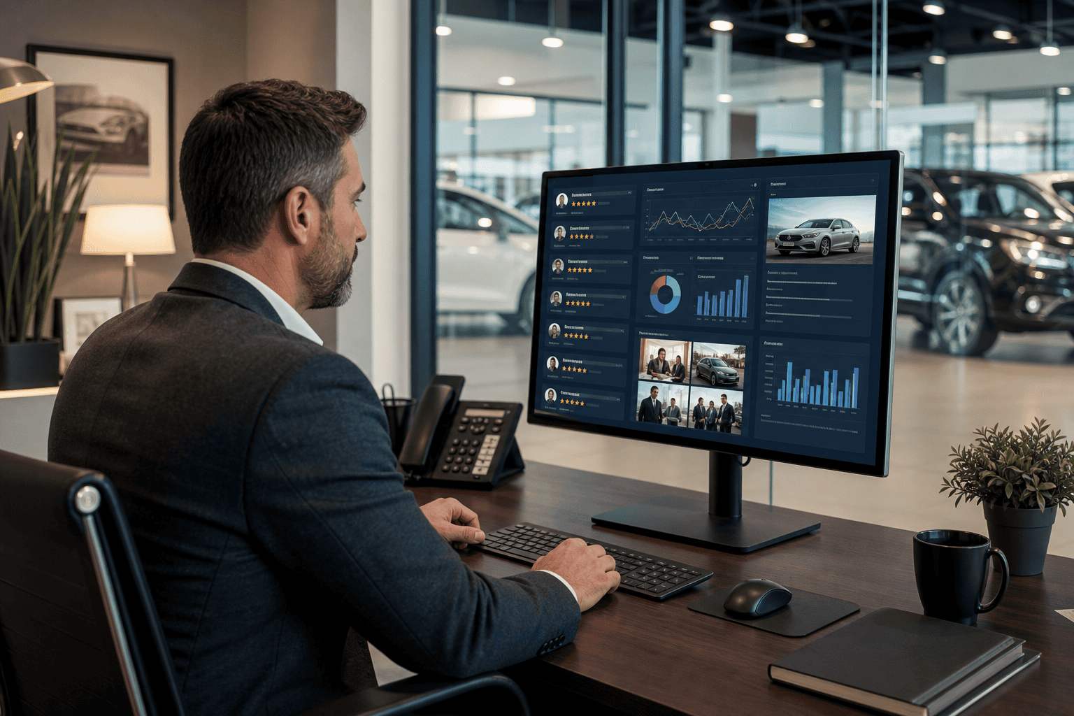 Dealership manager reviewing social media reputation metrics on desktop monitor in 2026
