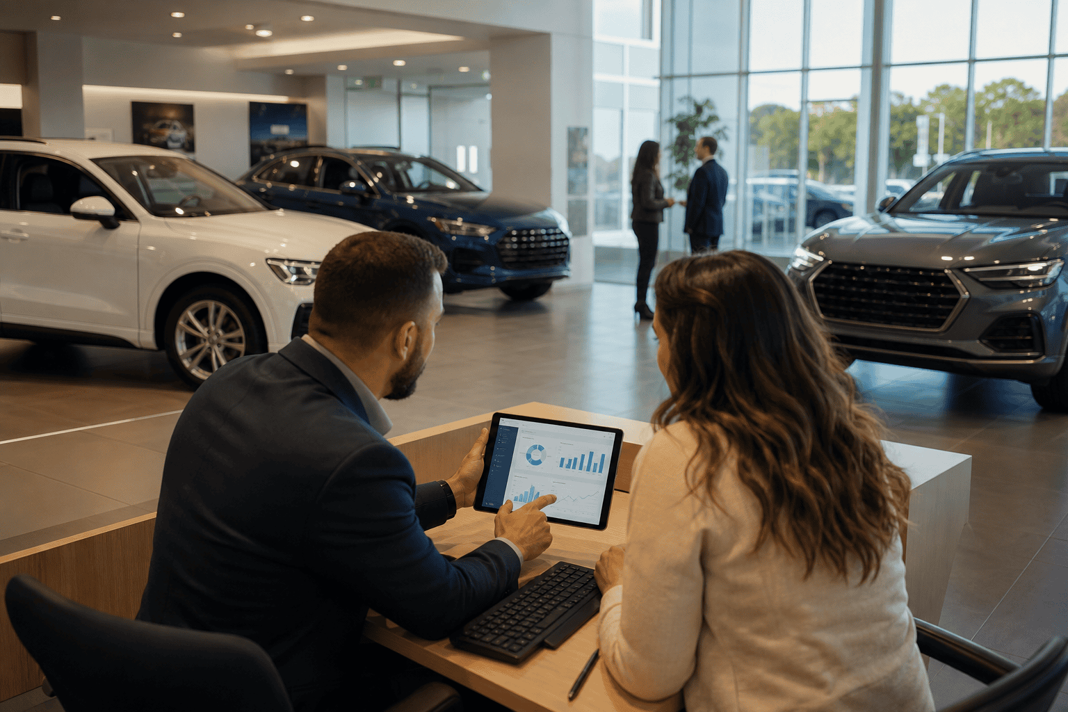 Dealership salesperson reviewing social media reputation metrics on a tablet in 2026