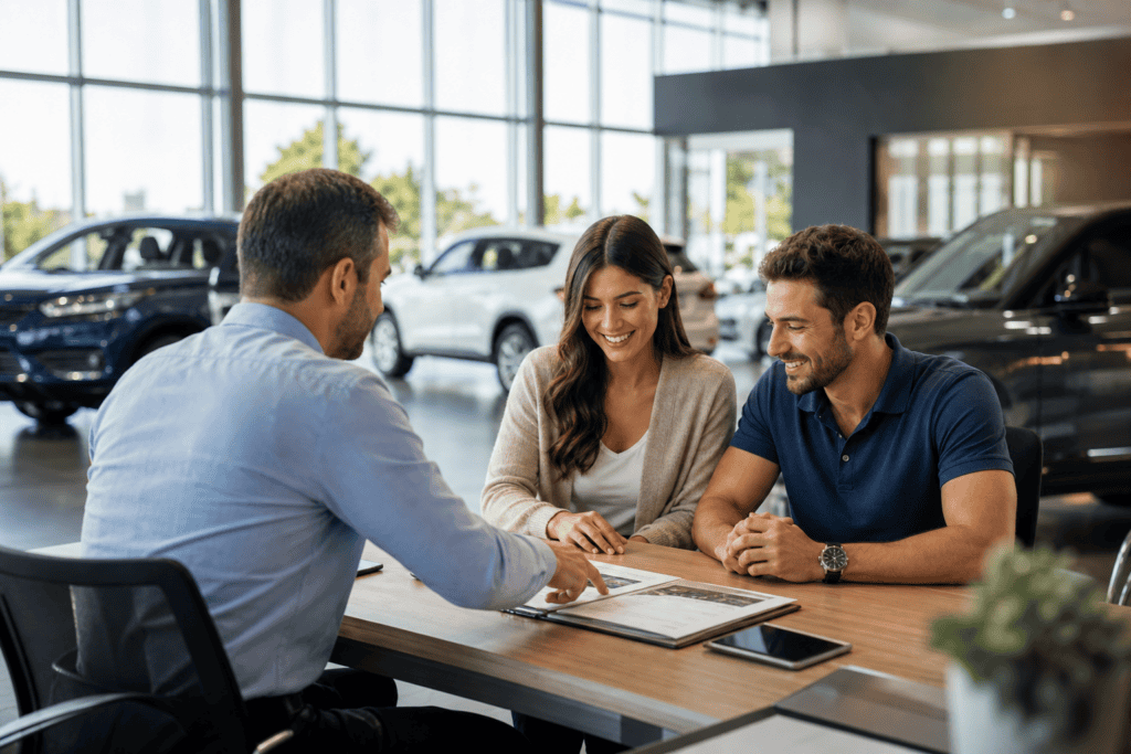 Car buyer couple reviewing paperwork with a dealership salesperson in a modern showroom