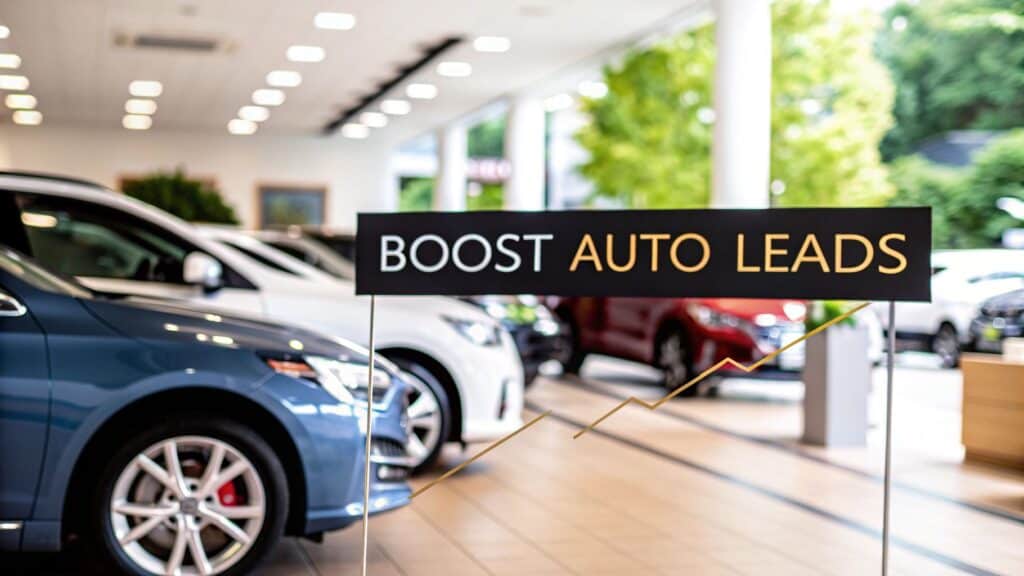 A BOOST AUTO LEADS sign with an upward graph is displayed in a well-lit car showroom, surrounded by multiple automobiles—highlighting automotive lead generation and dealership success for Willowood Ventures marketing.