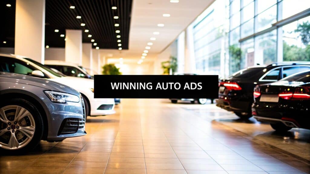 Modern car dealership showroom with new vehicles showcased in two rows; central display features WINNING AUTO ADS highlighting Automotive Facebook Ads by Willowood Ventures.