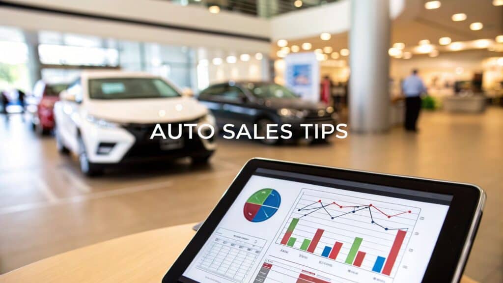 Tablet displaying auto sales charts on a table in a car dealership showroom, multiple vehicles visible in background; AUTO SALES TIPS text centered.
