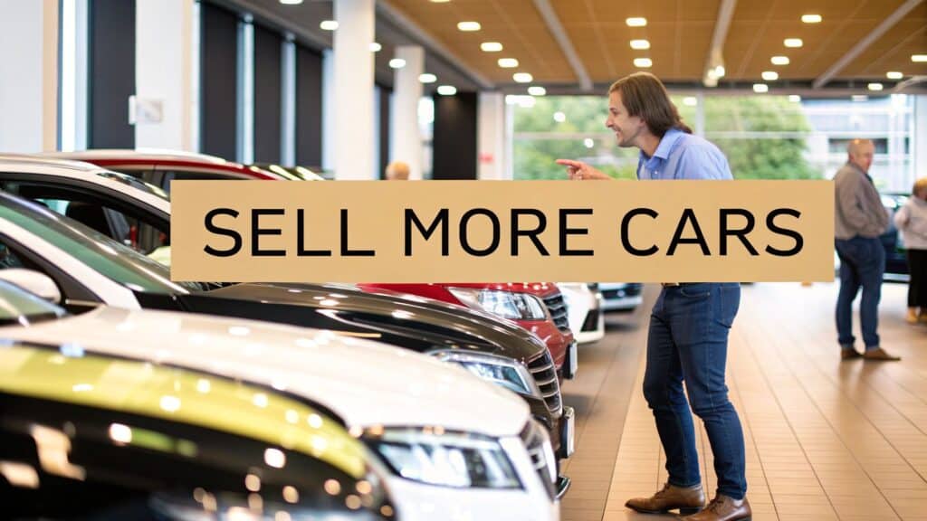 A sales representative in a dealership showroom gestures toward a lineup of vehicles, emphasizing the message “SELL MORE CARS” in bold text, with customers visible in the background.