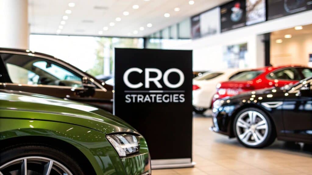 Black CRO STRATEGIES sign displayed in a modern, well-lit car dealership showroom surrounded by multiple vehicles—highlighting automotive marketing focus for Willowood Ventures.