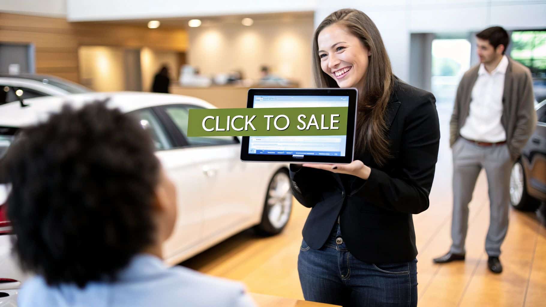 A saleswoman at a car dealership shows a customer a tablet with CLICK TO SALE displayed, highlighting Willowood Ventures digital car buying experience. Cars and staff are visible in the background.