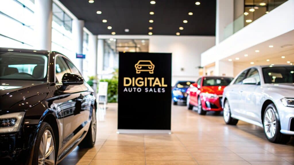 Black sign with yellow car icon and DIGITAL AUTO SALES text displayed in a modern, brightly lit automotive showroom featuring new vehicles, representing Willowood Ventures’ digital car sales experience.