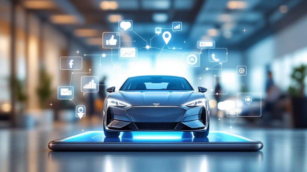 Blue luxury car on smartphone with social media icons and digital analytics overlay, modern automotive marketing concept.