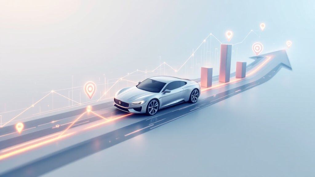Futuristic car with digital growth analytics, representing automotive marketing and data-driven strategies.