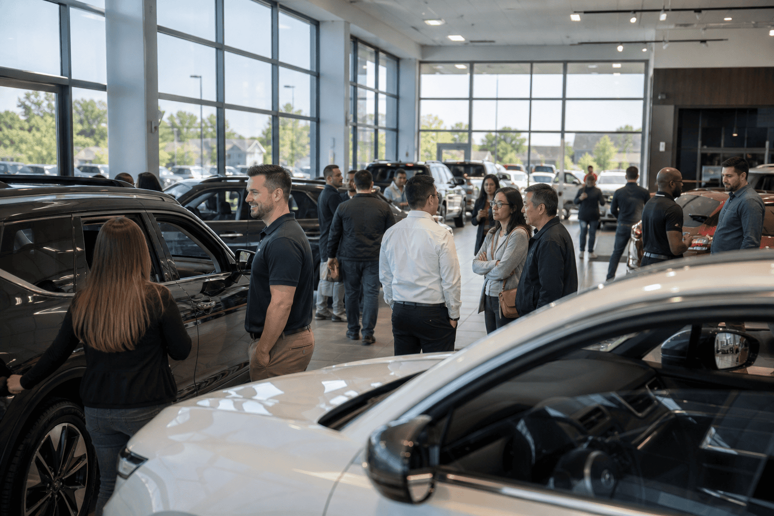 Busy car dealership showroom floor with customers and sales staff during a sales event in 2026
