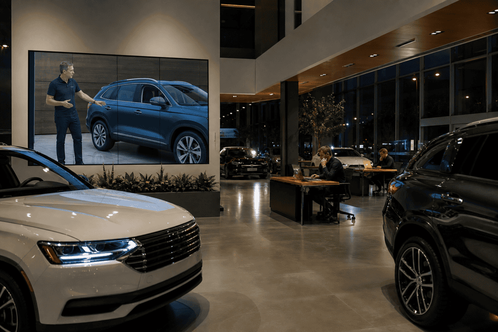 Car dealership team running a live virtual sales event in 2026