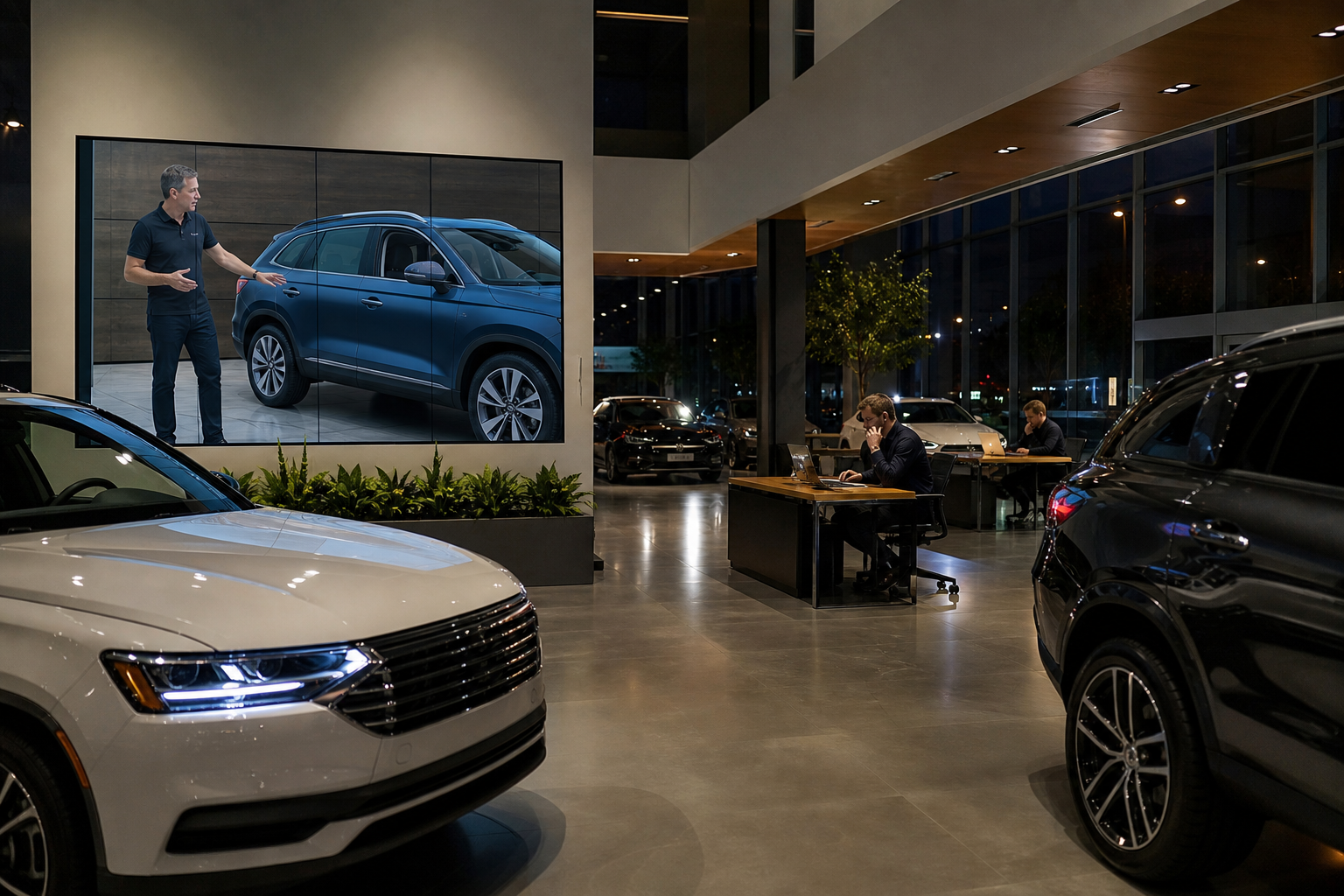 Car dealership team running a live virtual sales event in 2026