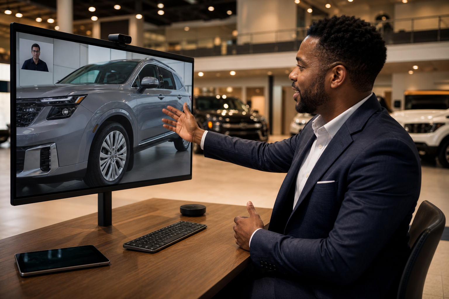 Dealership sales manager running a virtual event walk-around in 2026 showroom