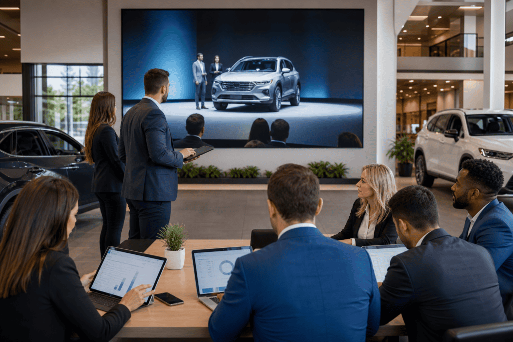 Dealership team reviewing virtual event platform data on screens in showroom