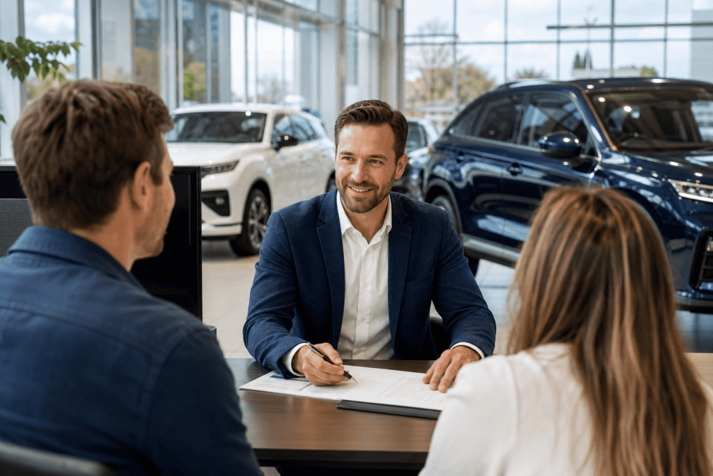 Car dealership salesperson reviewing qualified lead paperwork with a buying couple in 2026 showroom