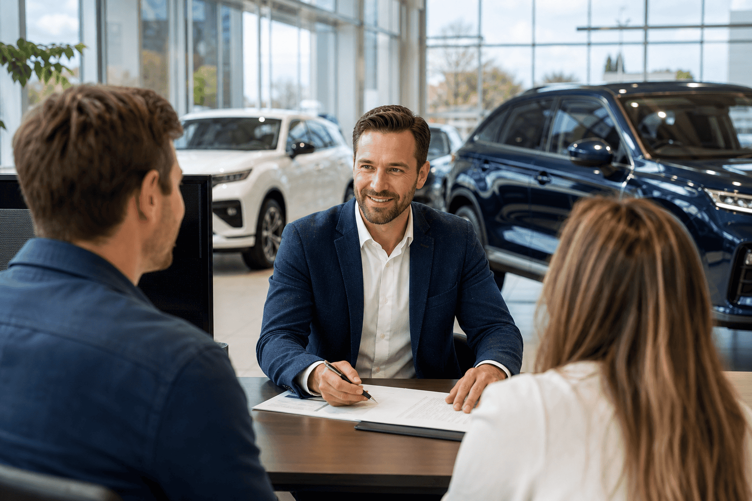 Car dealership salesperson reviewing qualified lead paperwork with a buying couple in 2026 showroom