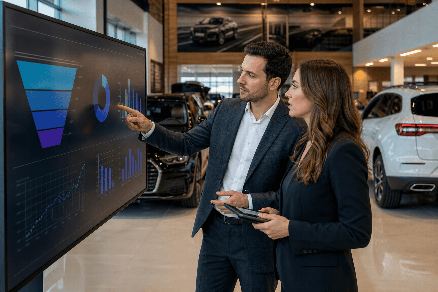 Car dealership team reviewing conversion rate marketing analytics on a large monitor