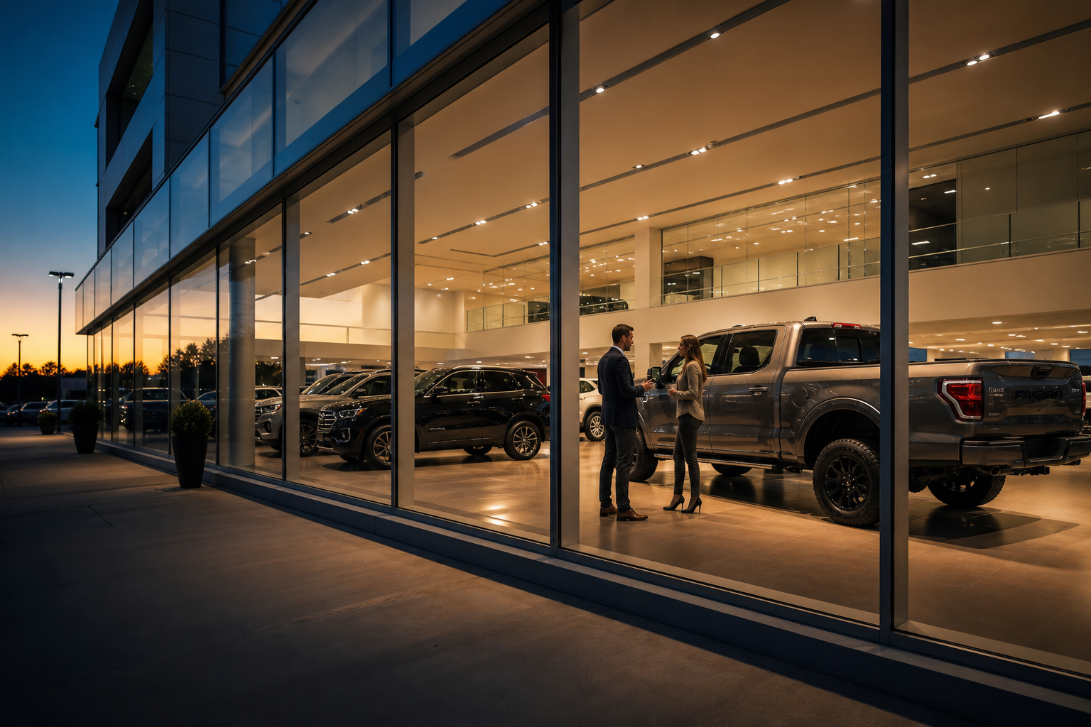 Modern car dealership showroom at dusk with new vehicle inventory and customer